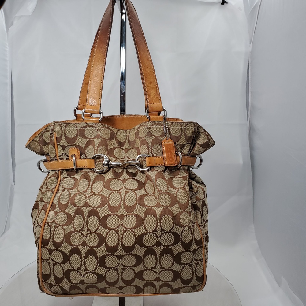 Vintage Y2K Coach Signature Khaki Canvas Leather Belted Tote Shoulder Bag 6352